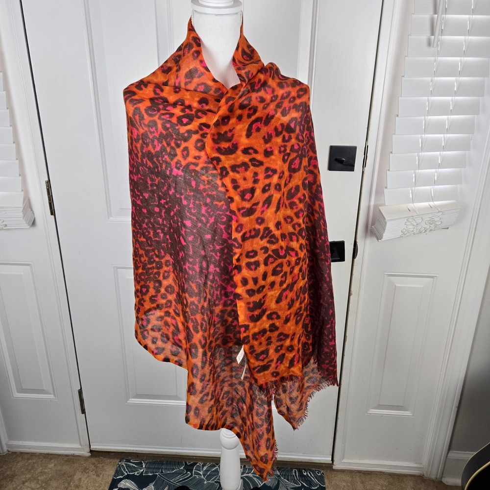 Ann Taylor LOFT Blanket Scarf Orange‎ Pink Animal Print Wrap Wool Fall Cheetah